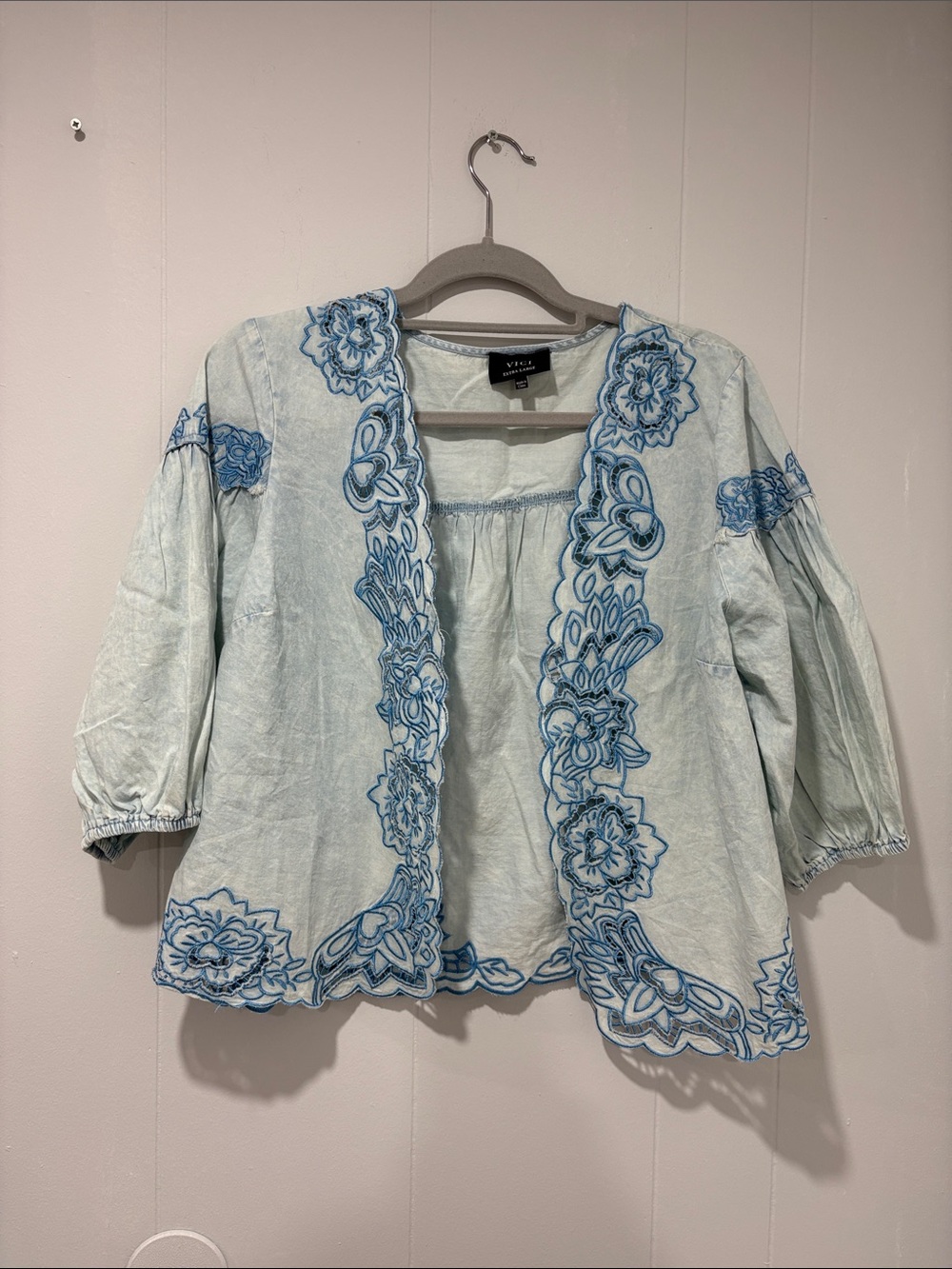 VICI Light Blue Open-Front Embroidered Tunic